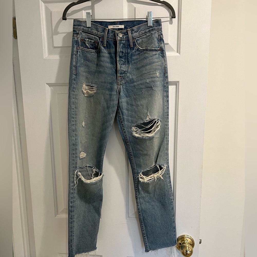 GRLFRND Blue Distressed Straight Leg Jeans
